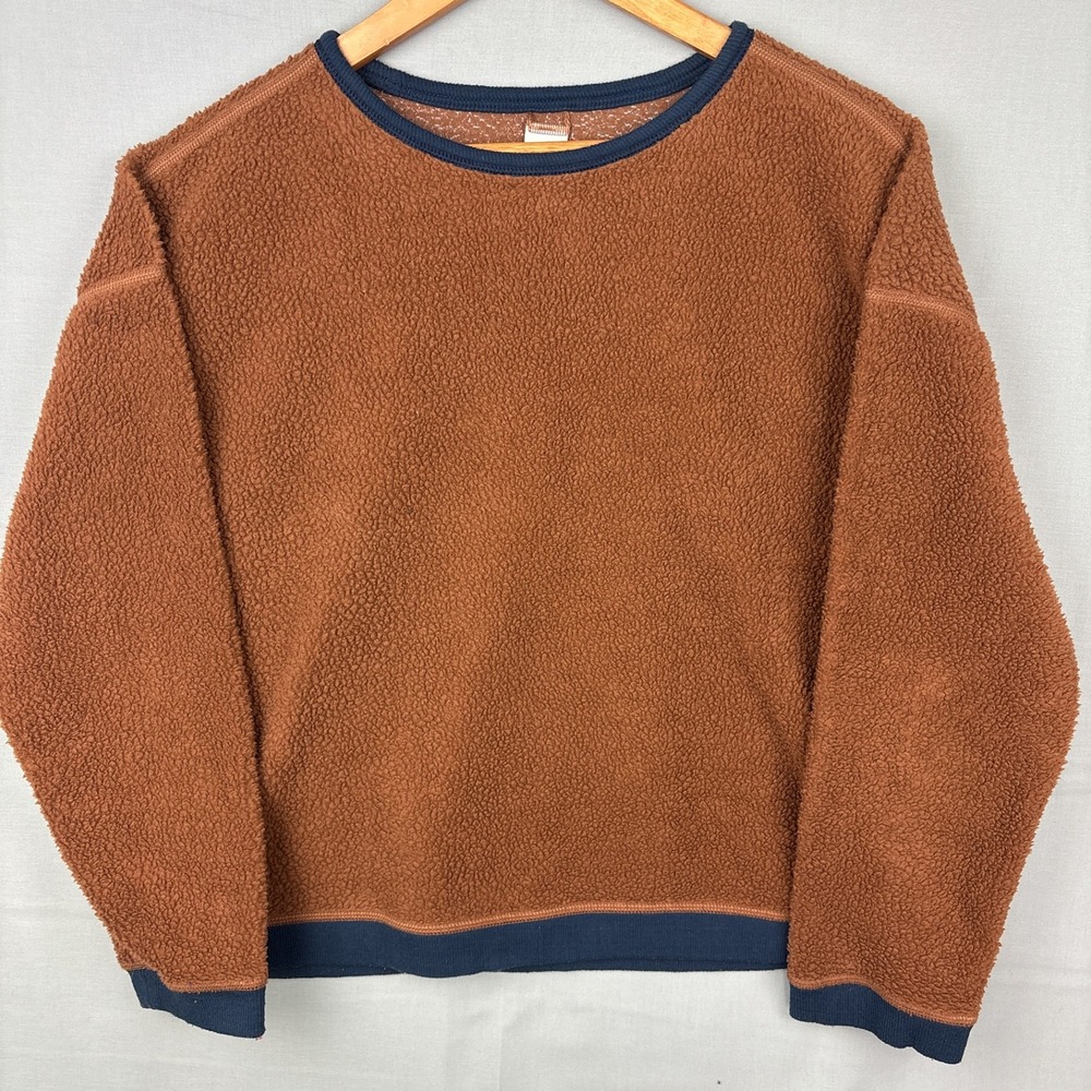 Patagonia Shearling Crew Sweatshirt Womens Medium Brown Navy Blue Pullover